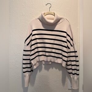 Merokeety Turtleneck Crop Top Striped Sweater - Black and Cream Soft Size S